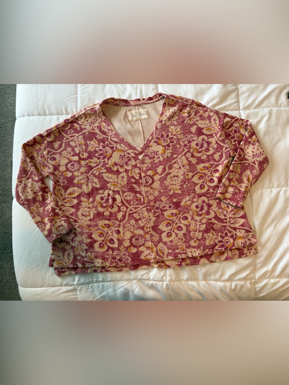 Anthropologie Floral V-Neck Waffle Knit Top - Rose and Cream